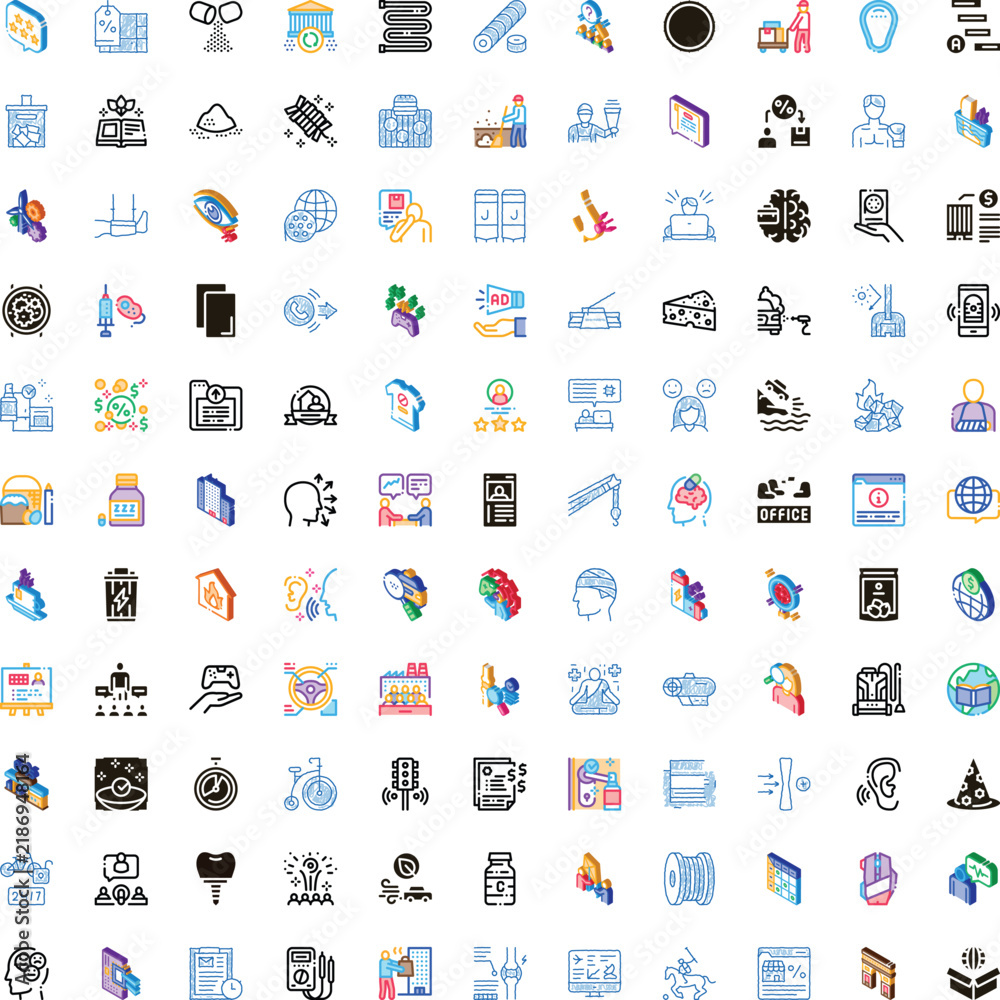 Fototapeta premium Set of colorful outline and isometric icons representing a wide range of topics including shopping, medicine, logistics, finance, health, technology, and industry on a white background