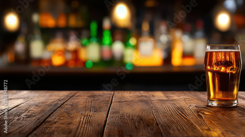Glass of amber beer sits on rustic wooden table, with blurred bar background featuring various bottles. warm lighting creates cozy atmosphere