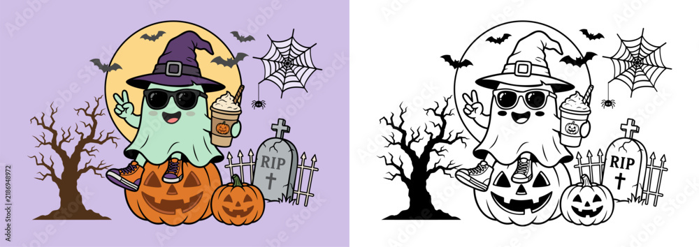 Fototapeta premium Adorable black and white vector ghost in witch hat and sunglasses sitting on pumpkin holding iced coffee under full moon with graveyard tombstone. Perfect for Halloween coloring book or t-shirt.