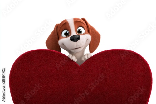 Cute animated puppy peeking over a large red heart with expressive eyes. Perfect for conveying love and affection in various creative projects. Generative AI