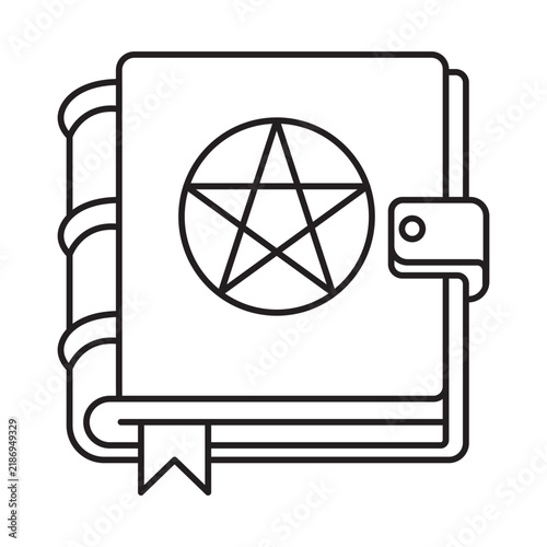 Spell book line icon with pentagram on cover, clasp, and bookmark. Magic grimoire vector illustration with editable stroke.