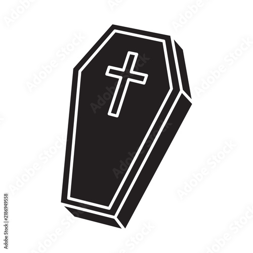Solid black coffin vector icon with cross isolated on white background. Halloween and funeral symbol.