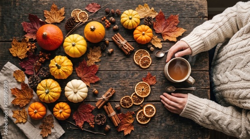 A beautiful autumn harvest still life featuring pumpkins colorful leaves a warm drink and a cozy knitted sweater detail