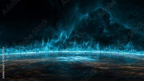 A striking and conceptual visualization of dark energy, showcasing a mystical landscape of vibrant blue hues and ethereal wisps of light against a pitch-black backdrop, creating a serene yet powerful