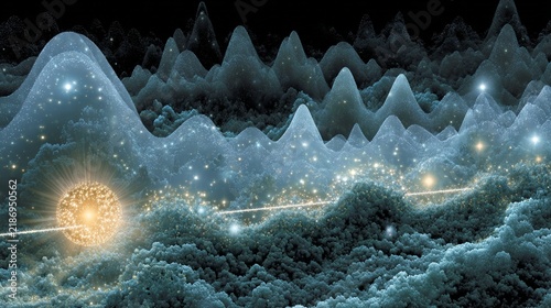 A conceptual visualization showcasing various vacuum states in quantum mechanics, featuring undulating mountains of energy with shimmering particles, set against a dark cosmic background, evoking a se