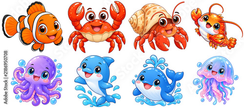 Cute Marine Sea Animals Cartoon Vector Set