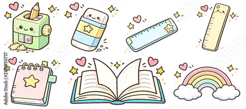 Cute School Stationery Supplies Cartoon Vector Set