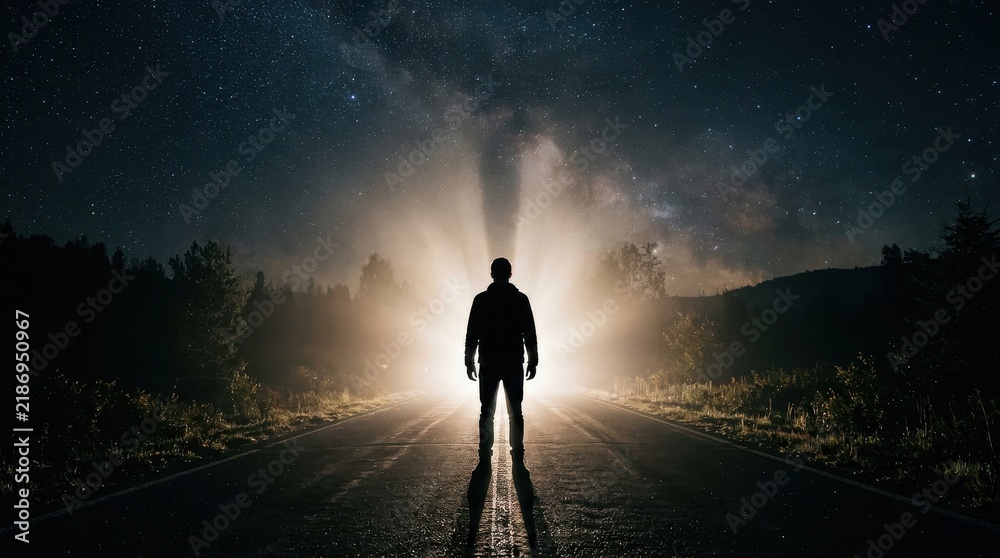 Fototapeta premium Silhouette of a Man Standing on a Lonely Road Under a Starry Night Sky with Milky Way and Bright Light Glow