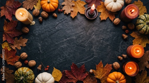 Autumn harvest arrangement of pumpkins leaves and berries on a dark slate background flat lay