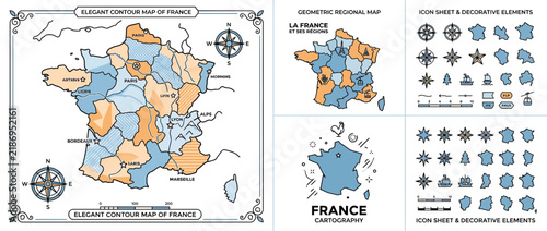 Elegant Contour Map of France with Decorative Elements
