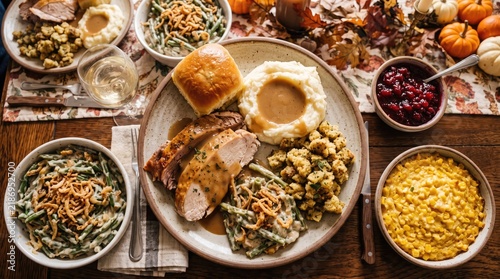 Overhead view of a bountiful thanksgiving or holiday dinner spread with classic side dishes and turkey