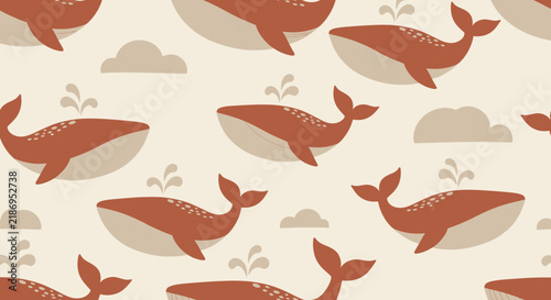 Cute Whale Pattern, Ocean Life, Underwater, Seamless Background Illustration
