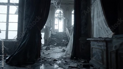 Cinematic Abandoned Luxury Mansion Lobby Interior After Midnight
