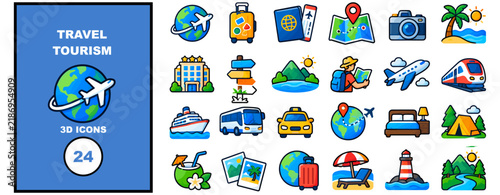 Travel and tourism 3D icon collection featuring airplanes  passports