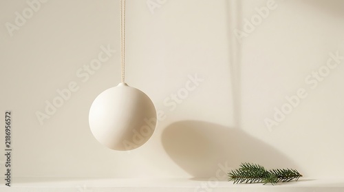 Minimalist white matte christmas bauble hanging against a neutral beige background