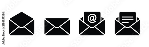 Solid black mail icons featuring open envelopes with letters and email symbols on transparent backgrounds for communication design