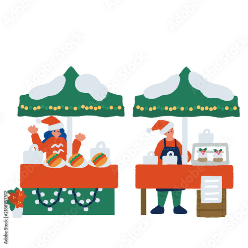 ホットドッグとケーキが並ぶ2つのクリスマス屋台イラスト