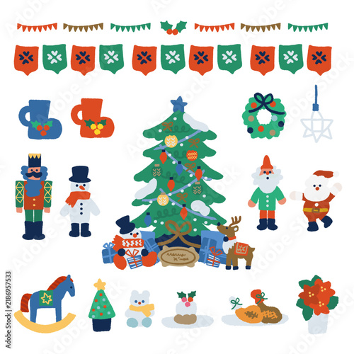 マグカップやオーナメント、チキンとケーキが並ぶクリスマスアイコンセットのイラスト