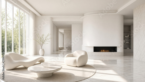 Minimalist living room with curved sofa, lounge chair, marble coffee table, fireplace and floor to ceiling windows bringing warm natural light