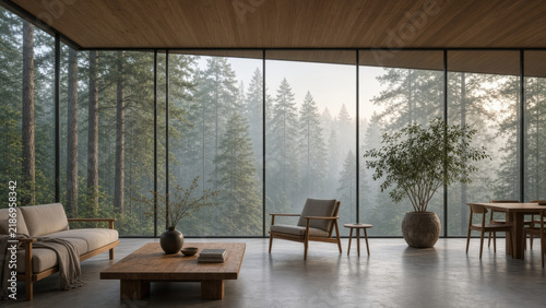 Spacious living room with floor to ceiling glass overlooking misty pine forest, wooden furniture and minimalist decor creating calm atmosphere