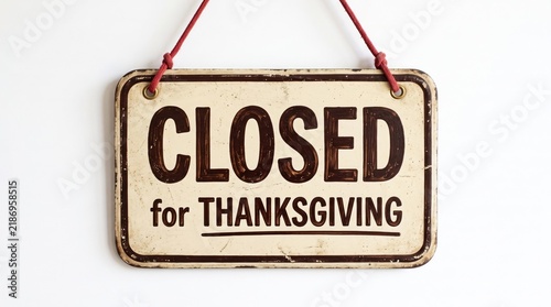 A rustic closed for thanksgiving sign is hanging by red twine against a simple white wall background