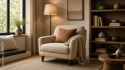 Cozy neutral reading nook with upholstered armchair, textured throw and warm lamp creating inviting calm atmosphere
