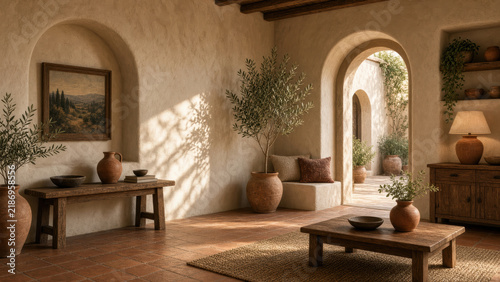 Sunlit terracotta living room with arched doorway, rustic wooden furniture, clay pots, woven rug and indoor olive tree creating warm cozy