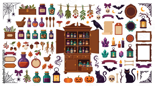Halloween potion set and witch magic ingredients flat vector icons. Magic spell cupboard with herbs, bats, cauldron, pumpkins, skull. Spooky autumn design elements for labels and decorations