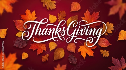 Elegant thanksgiving calligraphy with vibrant autumn leaves creating a festive and warm seasonal background