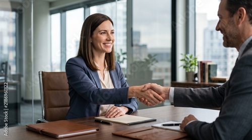 Business woman shaking hands with male colleague over desk in office sealing agreement for professional success and future corporate growth in business meeting