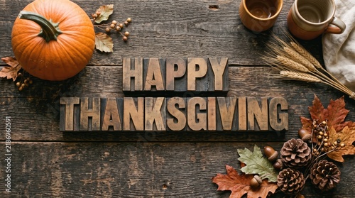 Beautiful festive thanksgiving still life featuring pumpkins golden wheat and charming wooden lettering on a rustic wood background