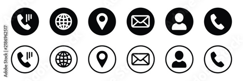 Visiting card icon set featuring contact symbols for phone, call, location, globe, website, business communication, and digital interface design