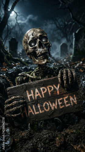 Creepy skeleton holding Happy Halloween sign while rising from grave. Poster, banner, halloween design.