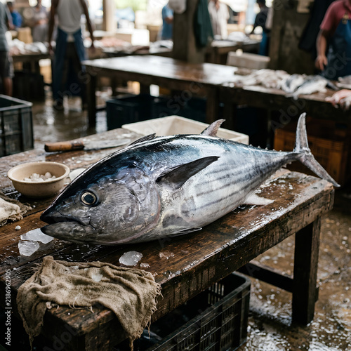 Large Fresh Fish Displayed on Market Table for Sale.