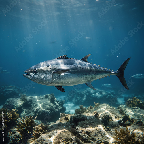 Large Fish Swimming Over Coral Reef Underwater Scene.