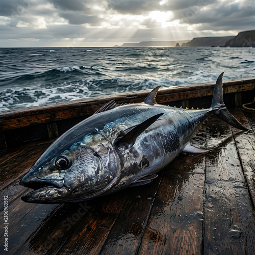 Large Tuna Fish on Wooden Dock with Ocean View.