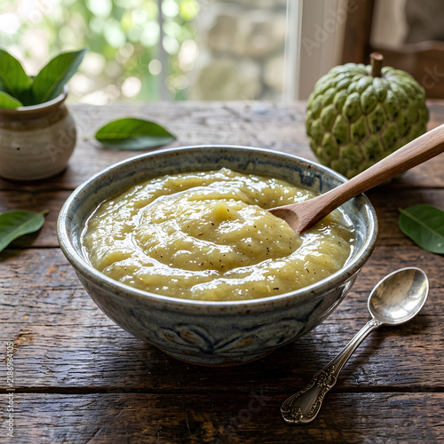 Traditional Green Jackfruit Porridge in Rustic Bowl.