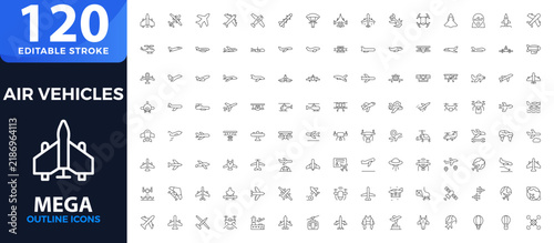 Air Vehicle Outline Icons Set with Aircraft, Flight, Runway, Control Tower, Radar, Navigation, Air Traffic, Weather, Baggage, GPS, Communication, and Aerospace. Editable stroke outline icon.

