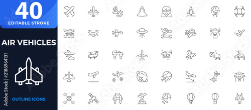 Air Vehicle Outline Icons Set with Aircraft, Flight, Runway, Control Tower, Radar, Navigation, Air Traffic, Weather, Baggage, GPS, Communication, and Aerospace. Editable stroke outline icon.
