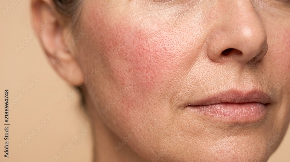 Fototapeta premium Close-up of facial cheek with prominent erythema and enlarged pores typical of erythematotelangiectatic rosacea