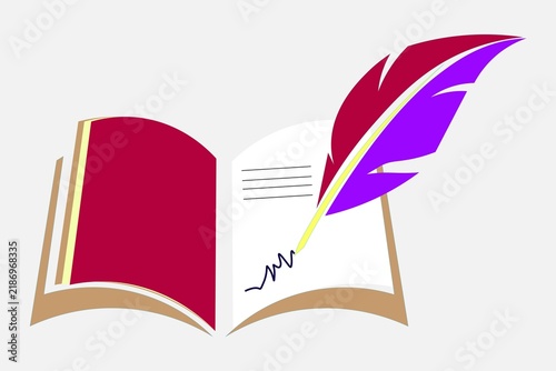 Obraz na plátně Open book with feather quill writing isolated on white background