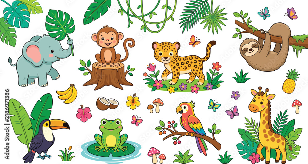 Fototapeta premium Cute Tropical Jungle Animal Collection with Adorable Elephant, Monkey, Leopard, Sloth, Toucan, Frog, Parrot, Giraffe, and Exotic Botanical Elements