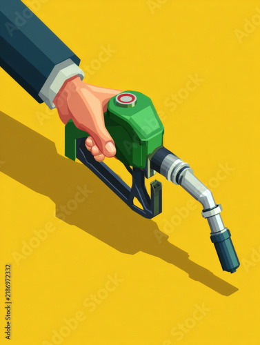 isometric 3D digital illustration of a hand lifting a green-handled gas nozzle from a pump. The scene is set against a bright primary yellow background with sharp shadows that define the geometric 