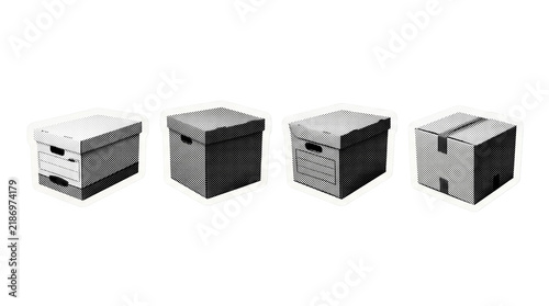 archive box retro halftone set , clean white border outline PNG