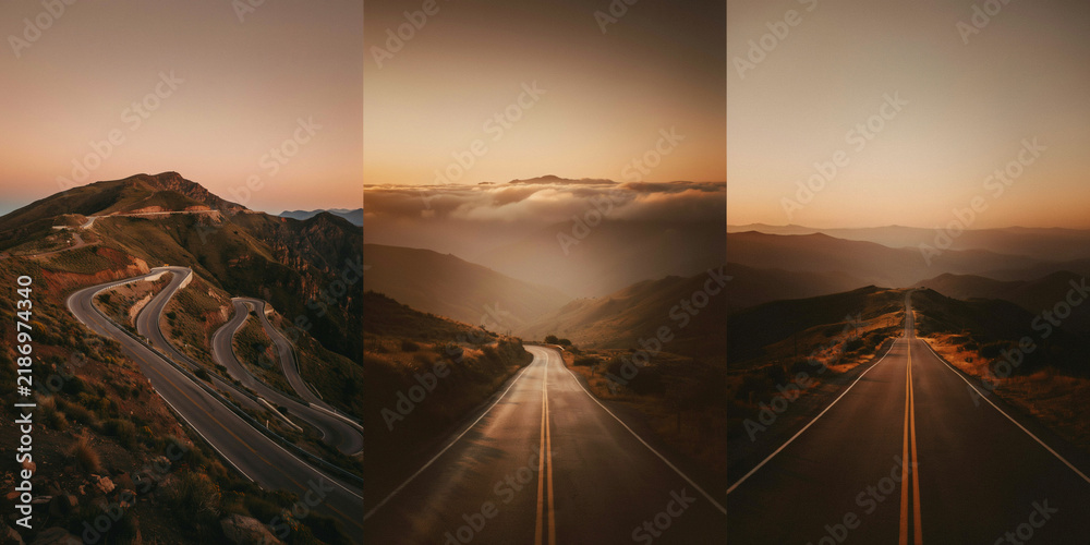 Fototapeta premium Three panel collage of winding mountain roads at sunset with golden hour light and hazy peaks
