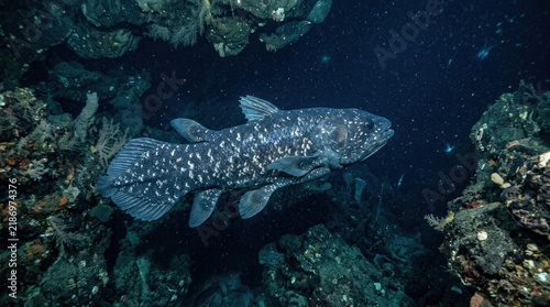 rare coelacanth fish swimming gracefully inside deep ocean waters background