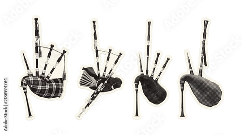 bagpipe retro halftone set , clean white border outline PNG