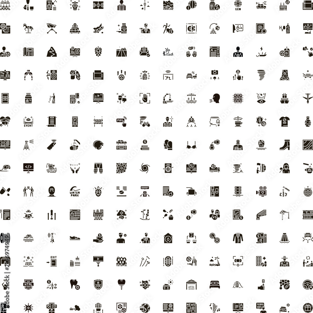 Obraz premium Large collection of diverse monochrome glyph icons presenting symbols for business, technology, finance, travel, and social concepts on a white background