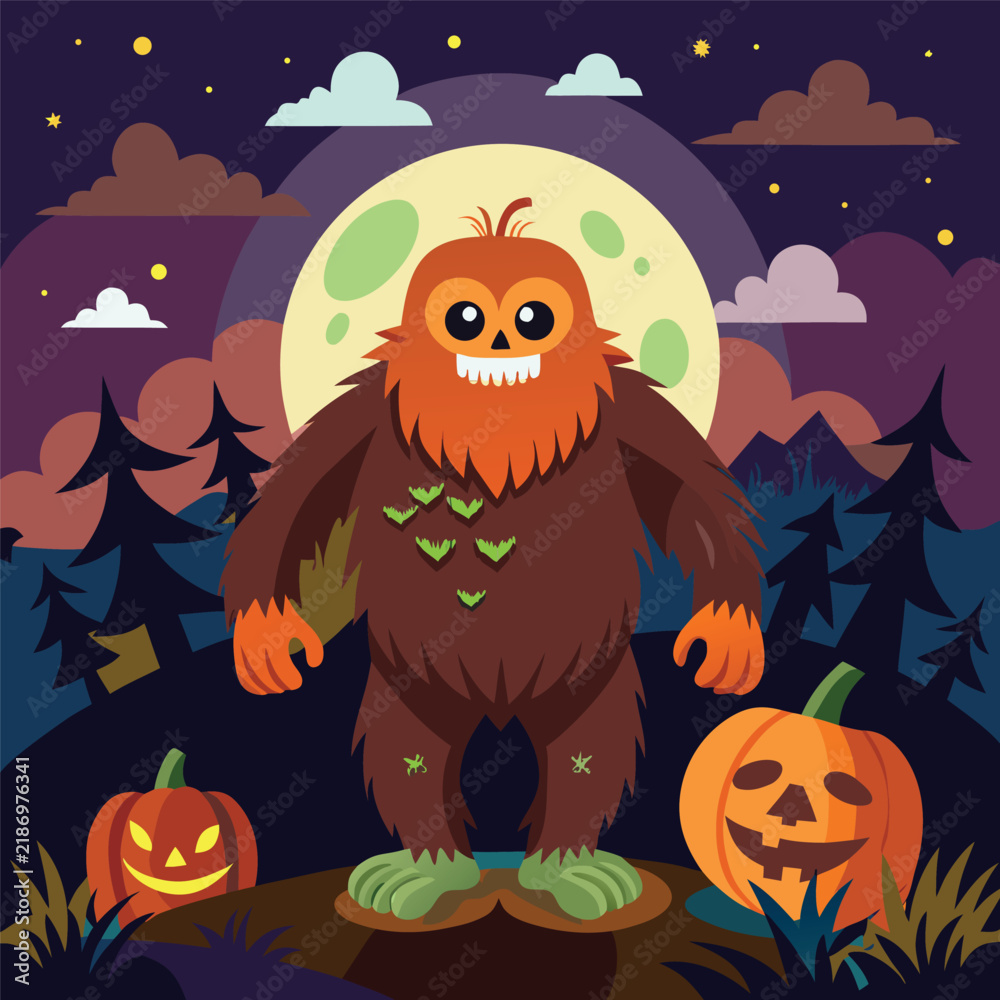 Fototapeta premium Bigfoot Halloween – Cute Sasquatch Cartoon Vector Illustration