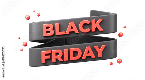 Black Friday banner rendered in three-dimensional dark ribbon with red typography against a clean background.